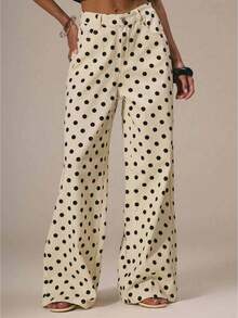 Polka Dot Jeans Women Low Rise Cute Baggy Jeans Y2k Straight Wide Leg Boyfriend Denim Pants Streetwear - 白色 - 查看 1