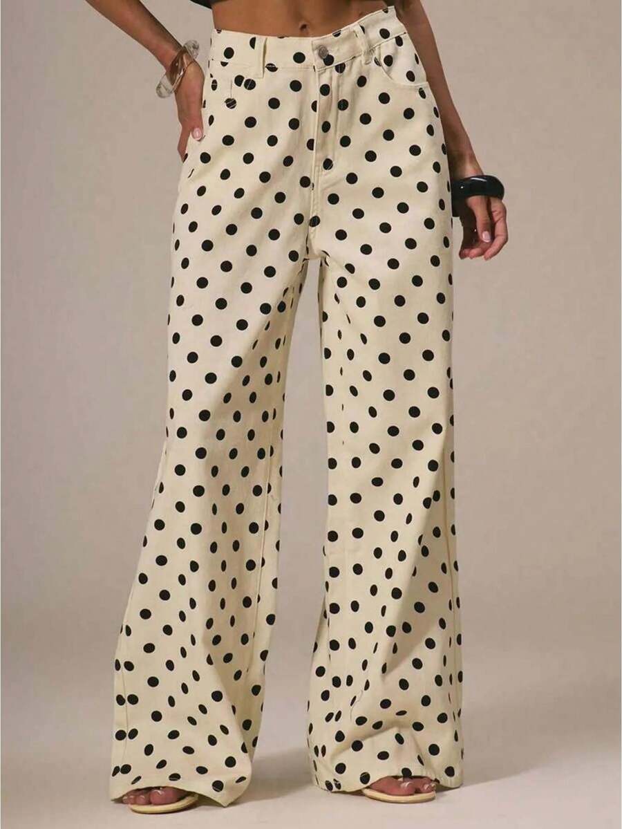 Polka Dot Jeans Women Low Rise Cute Baggy Jeans Y2k Straight Wide Leg Boyfriend Denim Pants Streetwear - 白色 - 查看 1