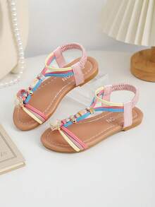 A Pair Of The Latest Summer Children's Multi-Color Striped Beaded Flower-Patterned Sandals - A Comfortable Style Suitable For Daily Outings, Park Walks, Shopping In Malls, And Party Events. It Can Be Easily - Multicolor - View 4