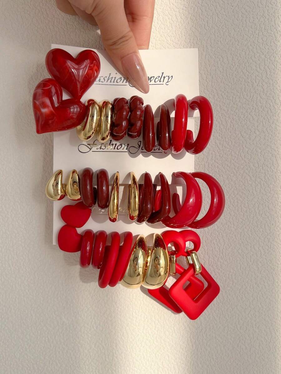 1-10 Pairs Random Heart & Vintage Coin Acrylic Exaggerated Fashion Earrings Set, Blind Box Combination, Gift For Women On Mother's Day, Valentine's Day, Christmas, New Year, Daily Wear