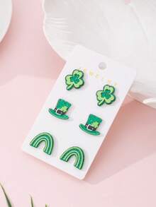 Set de 3 pares de aretes con diseño de trébol brillante y arcoíris para el Día de San Patricio, regalo perfecto para fiestas festivas - Verde - Ver 3