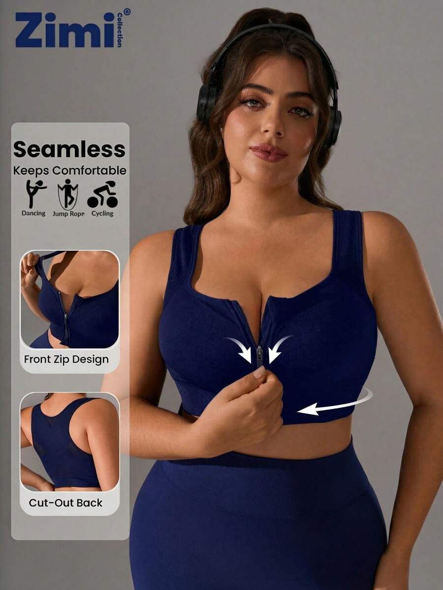 Zimi Collection 1pc Plus Size Women Seamless Wireless Zip-Front Sports Bra, Comfortable Racerback Design For Outdoor Cycling, Running, Yoga