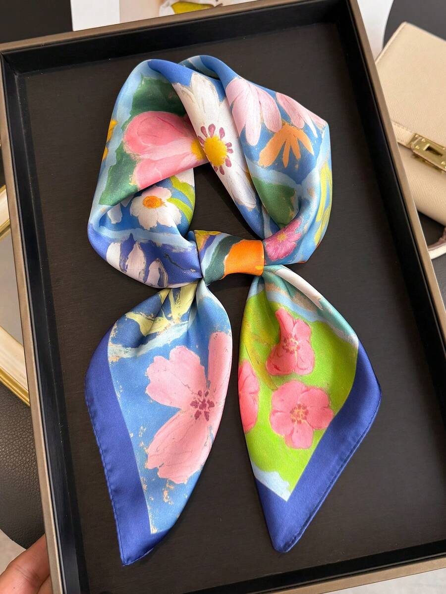 1pc Women's Elegant Vintage Printed Lightweight Satin Scarf, Faux Silk Material, Bohemian Retro Casual Style, Can Be Worn As Scarf Or Shawl, Thin And Comfortable, Suitable For Spring/Summer Daily Wear And Outings. - Multicolor - View 1