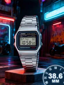 Unisex Retro Stainless Steel Band Square Dial Digital Watch With Calendar, Alarm And Stopwatch Functions, Waterproof, Suitable For Daily Wear A158WA-1 - Black - View 1