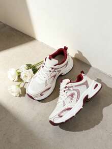 Women's Vintage - Style Dad Shoes, Mesh - Breathable With Thick Soles, Lightweight And Shock - Absorbing, White Sports Shoes For Daily Outings And Jogging - 紅色 - 查看 4