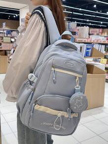 大容量字母印花防水多口袋抽绳功能背包，女士便携式学院风学生书包，带小圆袋，适合上学、通勤、旅行、返校季使用。 - 彩色 - 查看 8