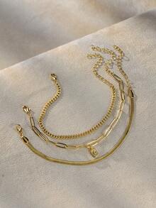 3pcs/Set Fashionable Minimalist Multi-Layer Gold-Tone Bracelet, Classic Chic Summer Vacation Gold Zirconia Star Moon Square Pendant Necklace & Stainless Steel Blade Chain Layered Bracelet For Women (Chain, Clasp & Bead Quantity Random) - Yellow Gold - View 5