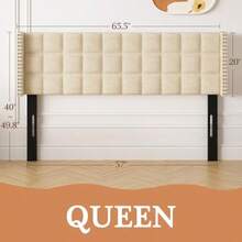 Superior Bronz VECELO Headboard Queen Size Linen Upholstered Headboards Only With Nailhead Trim Wingback Square Stitched Design Adjustable Height From 40" To 49.8" Oatmeal - Oatmeal - 查看 2