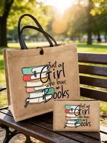 黃色亞麻2件組，大容量亞麻托特包，印有「Just A Girl Who Loves Books」彩色字母印花圖案，愛書之人設計，時尚女款亞麻托特包，多功能購物袋、筆袋、化妝包，適合女性、母親、老師、朋友、學生作為禮物，適用於海灘、假期、返校、母親節、教師節、返校季 - 彩色 - 查看 2