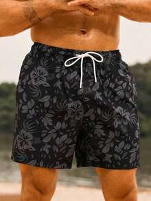 Manfinity Swimmode Floral Print Casual Beach Shorts Men, Black Swim Trunks, Black Hawaiian Floral Print Swim Shorts Men - Gris - 查看 7