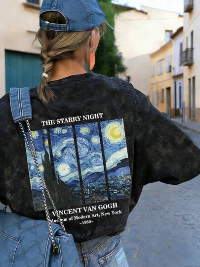 Zomerse nieuwe eenvoudige mode Van Gogh artistieke olieverfschilderij print casual T-shirt met ronde hals en tie-dye print, korte mouwen, modieuze en veelzijdige zwarte top voor dames, perfect voor een vakantie.