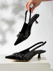 Women's 2025 New Fashion Metal Buckle Elegant Pointed Toe High Heel Pumps - Black - View 2