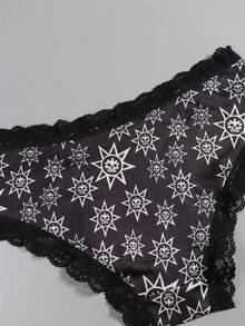 Dircho 5pcs Women's Edgy Print Briefs Set & Skeleton Deer & Star & Skull & Spider Pattern & Black Lace Trim & Soft Fabric & Dark Tone Scheme & Daily Comfort Underwear & Bold Casual Style - Multicolor - View 7
