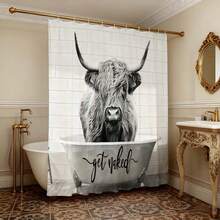 Funny & Cute Highland Cow Pattern Shower Curtain, Creative & Personalized Bathroom Curtain, Waterproof & Mildew-Proof Thick Polyester Material, Wet & Dry Separation Bathroom Divider Curtain, Viral Shower Curtain - Gray - View 2
