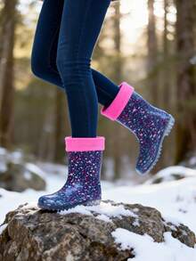 Women's Black Floral Print Mid-Calf Boots With Fur Trim, Casual Daily Style Shoes - Multicolor - View 2