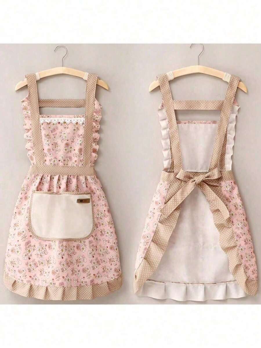 1pc Women Kitchen Apron, Wipe-Clean Homewear Fashion Princess Cooking Apron Ditsy Floral Pattern Bib Apron, Oil/Stain Resistant Princess Dress Style