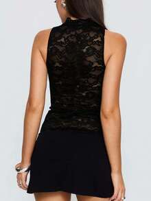 Women Y2K Coquette Lace Tank Top Sleeveless Sheer Floral Cutout High Neck Slim Crop Going Out Top Party Clubwear - 黑色 - 查看 4