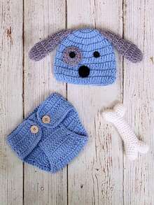 3pcs Blue Puppy Handmade Knitted Newborn Baby Photography Prop Outfit - Blue - View 8