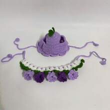 Handmade Knitted Pet Collar & Hat Set, Soft Yarn, Flower Design, Cat & Dog Accessories, Photo Props