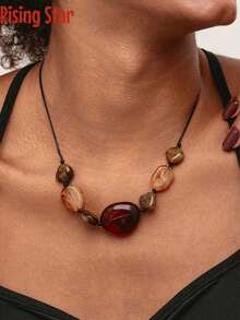 1 Collar de mujer con colgante de resina acrílica de estilo bohemio en color marrón, declaración gruesa y colorida de joyas de moda con cuentas, collares con cuentas para mujeres - Collar de cuentas marrones - Ver 2