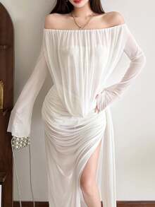 YeonC 纯感风格长袖无肩带连衣裙，透明纯色下摆和开衩缎带下摆针织面料宴会礼服 - 白色 - 查看 5