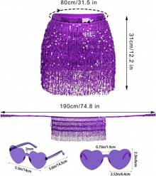 Sequin Belly Dance Scarf Tassel Wrap Sparkly Fringe Skirt With Pair Heart Party Rave Costume Women - 紫色 - 查看 4