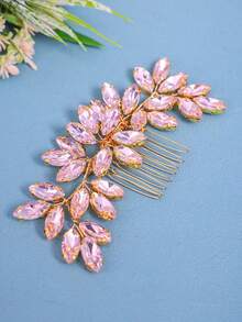 1pc Elegant Crystal Women's Hair Comb, Rhinestone Bridal Hair Accessory, Romantic Wedding Headpiece, Princess Party Decoration - Pink - View 5