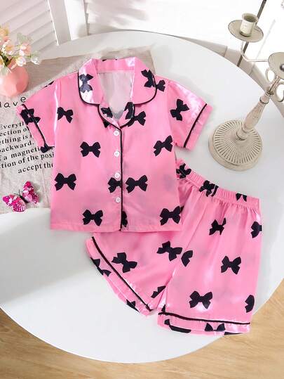 Girls' Bow Print Short Sleeve Shorts Pajama Set, Spring/Summer
