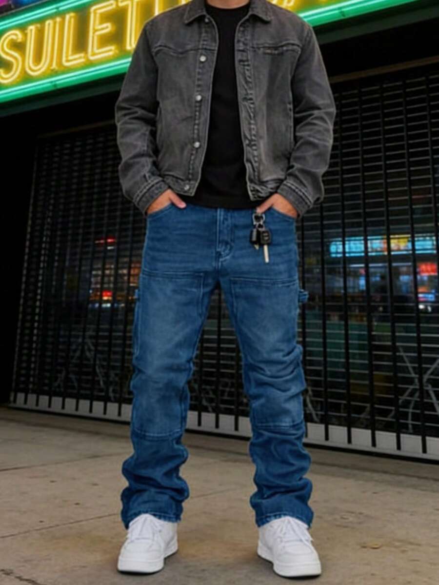 Quần jeans ống loe dáng ôm màu đen bạc cổ điển dành cho nam, phong cách đường phố Mỹ, sạch sẽ. - Màu xanh lam - Xem 1