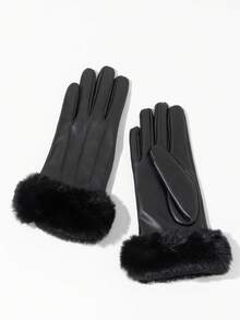 1pair Women's Leather Touchscreen Gloves With Fuzzy Lining, Warm And Windproof Halloween Accessories Winter Gloves - 黑色 - 查看 8