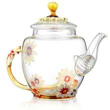 Tetera de vidrio - 300 ml 10 oz con decoración de flores, tetera de vidrio resistente al calor con borde dorado con hoja y patrón floral retro, juego de té (rosa) - Rosa - Ver 5