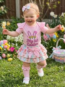 Conjunto de primavera y verano para bebé niña de Pascua, mono de manga corta con letras, pantalones cortos de zanahoria/conejito, calcetines con lazo, ropa bonita para festivales, ideal para 0 a 18 meses. - Rosa - Ver 2