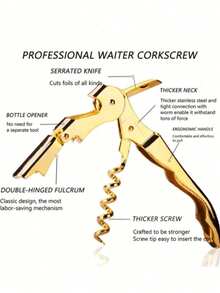 1个/50个装 24K镀金定制双铰链螺旋开瓶器兼锡箔切割器，调酒师专用开瓶器，4.75英寸，绝佳圣诞节礼物 - 金色 - 查看 3