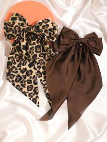 2个缎面纯色和豹纹蝴蝶结弹力发夹，休闲波西米亚宫廷风派对可爱街头优雅风，涤纶材质，四季皆宜 - 咖啡棕 - 查看 2