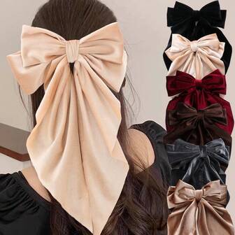 1pc Autumn/Winter Velvet Bow Long Ribbon Hair Clip, Solid Color Fabric Retro European And American Style Hairpin