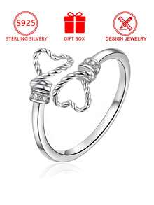 1pc 925 Sterling Silver Braided Rope Knot Zirconia Inlaid Ring (Rope Knot Meaning Design), Gift Box, Suitable For Daily Wear And Valentine's Day Gift - Silver - View 2