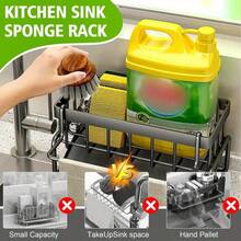 1pc Heavy-Duty Stainless Steel Kitchen Sink Sponge Holder With Tilted Auto-Drain Tray & Dishcloth Hanging Bar - Multipurpose Countertop Organizer For Soap, Brush & Accessories,Neat & Clean Countertop Storage For Kitchen & Bathroom - 黑銀色 - 查看 8