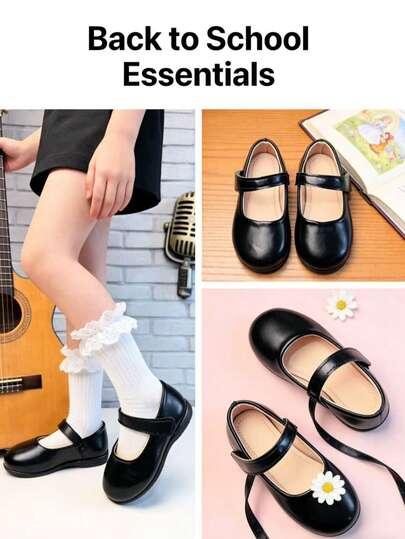 1 Pair Fashionable Matte Black Mary Jane Flat Shoes, Girls' Hook And Loop Design Casual Shoes, Comfortable Soft Leather, Back To School Essential, Versatile Shoes, Campus Style, Suitable For All Seasons