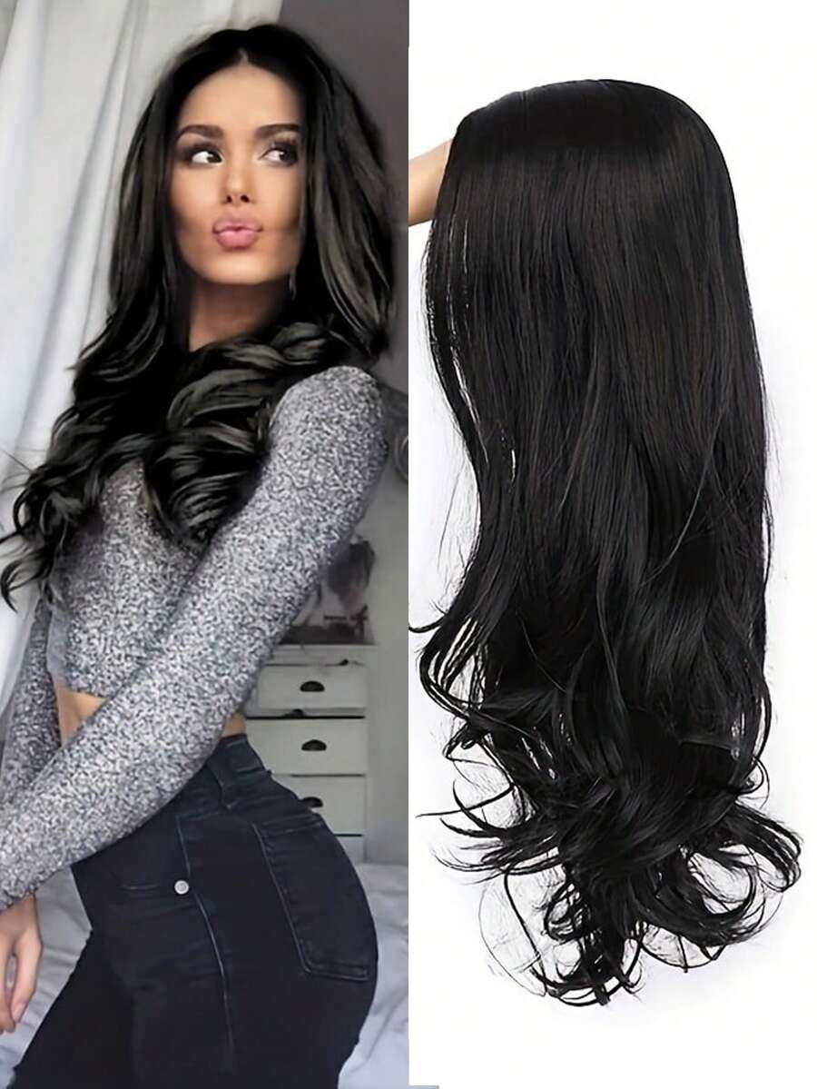 Ladies Long Wavy Synthetic Party Hairpiece - Suitable For Everyday Parties - Heat Resistant Fiber - Gender Neutral - One Size Fits All - 100% Density - Loose Wave Style - Suitable For All Ethnicities - Black - View 1