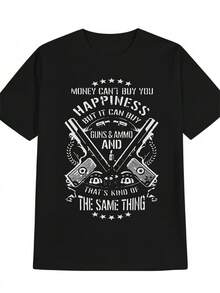 Herren Freizeit Grafik-Shirt - Schwarzes Rundhals-Shirt mit einzigartigem Pistolen- und Textdruck, maschinenwaschbar, perfektes Sommergeschenk füränner, Sommer-Shirt mit kantigem Druck, glatte Textur, PLUS GRÖSSE - Schwarz - Übersicht 1