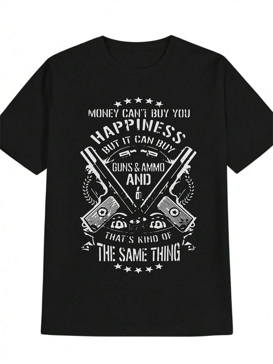 Herren Freizeit Grafik-Shirt - Schwarzes Rundhals-Shirt mit einzigartigem Pistolen- und Textdruck, maschinenwaschbar, perfektes Sommergeschenk füränner, Sommer-Shirt mit kantigem Druck, glatte Textur, PLUS GRÖSSE - Schwarz - Übersicht 1