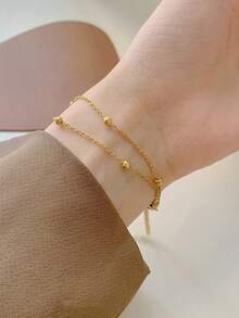 1pc Double Layer Women Bracelet, Stainless Steel Beaded Waterproof Beach Vacation Bracelet, Daily Wear Jewelry Gift (Bead Quantity Random, No Gift Box) - Yellow Gold - View 4