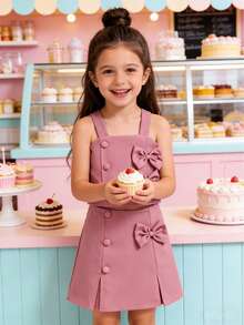 2pcs/Set Girls Cute Pink Outfit: Bow Strap Camisole + Side Button Shorts, Refreshing Summer Wear For Toddlers - Pink - View 4