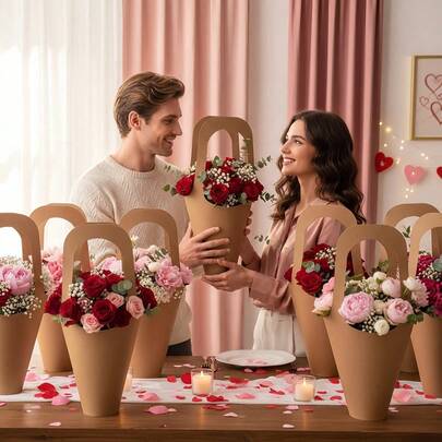 12 Packs Kraft Paper Flowers Gift Bags With Handle Flowers Bouquet Holder For Birthday, Wedding & Party Favors Valentines Day Decoration, Florist Shop Large Flower Bouquet Gift Bag 21*11.6*4.5in