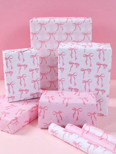 3pcs Pink Bow Gift Wrapping Paper, Pink Bow Themed Birthday Supplies, Pink Birthday Decorations, Baby Shower Decor, 1st Birthday Decor, Gender Reveal Decor, Bow Decorations, Suitable For Decorations, Gift Boxes, Flowers, Weddings, Mother's Day, Valentine's Day Gifts, Wrapping Paper, Tissues, Bouquets, Back To School