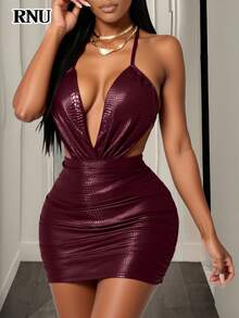 RNU 女士酒红色露背蝴蝶结性感露背优雅深V领修身鳄鱼纹连衣裙，适合约会、夜店、街头、情人节、狂欢节、新年、生日、春夏等场合。 - 酒紅色 - 查看 6
