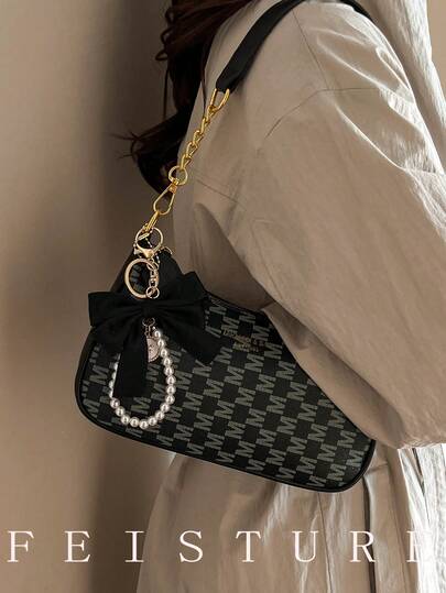 1 st FEISTURE PU bokstavstryck halvmåneväska, moderiktig axelremsväska med kedje och rosettdekor, lämplig för tjejer, kvinnor, högskolestudenter, unga yrkesverksamma, utmärkt för arbete, affärer, pendling, skola