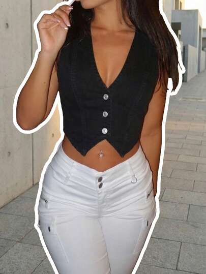 Chaleco vaquero sin mangas de mujer con cuello en V profundo, cierre con botones y longitud regular, tela sin estiramiento para un estilo casual de verano en color negro