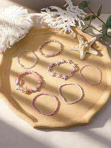 8 Pieces Bohemian Vacation-Style Starfish Shell Crystal Pearl Bracelet Set, Suitable For Women To Wear During Vacations And Music Festivals - Multicolor 2 - View 5