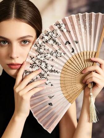 1pc Vintage Handmade Bamboo Folding Fan With Tassel - Elegant Gift For Women, Wedding Favor, Traditional Chinese Costume Handheld Fan